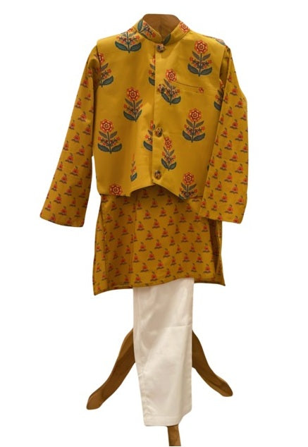 Block Printed Kurta and Glaze Cotton Pyjama with Floral Jacket