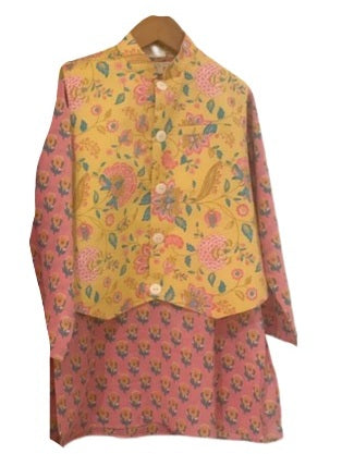 Block Printed Kurta and Glaze Cotton Pyjama with Floral Jacket