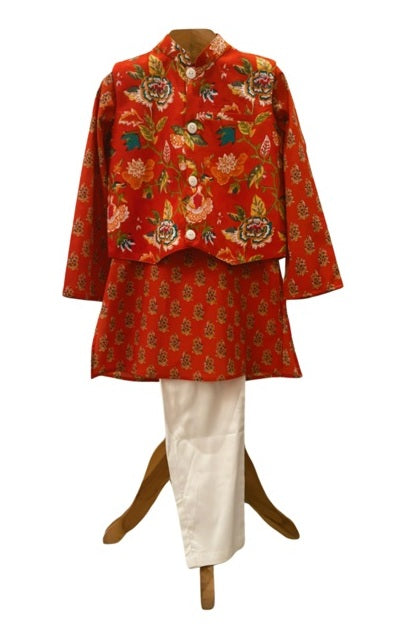 Block Printed Kurta and Glaze Cotton Pyjama with Floral Jacket
