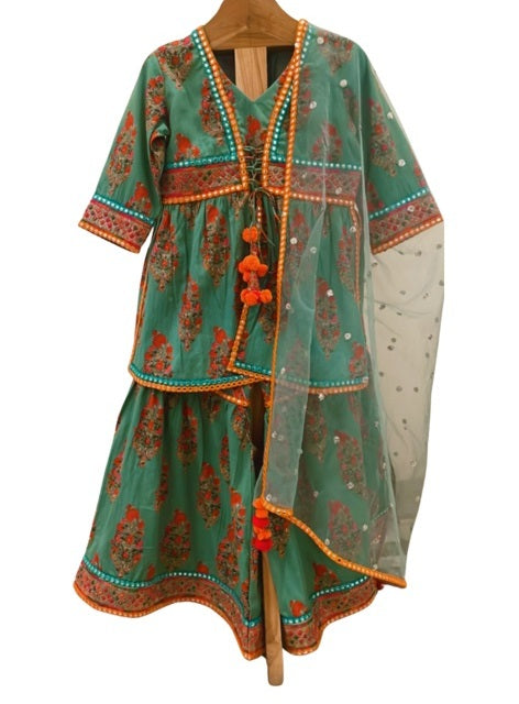 Block Printed Kurta with Sharara and Net Dupatta