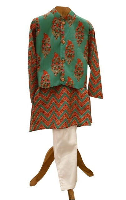 Block Printed Kurta and Glaze Cotton Pyjama with Floral Jacket