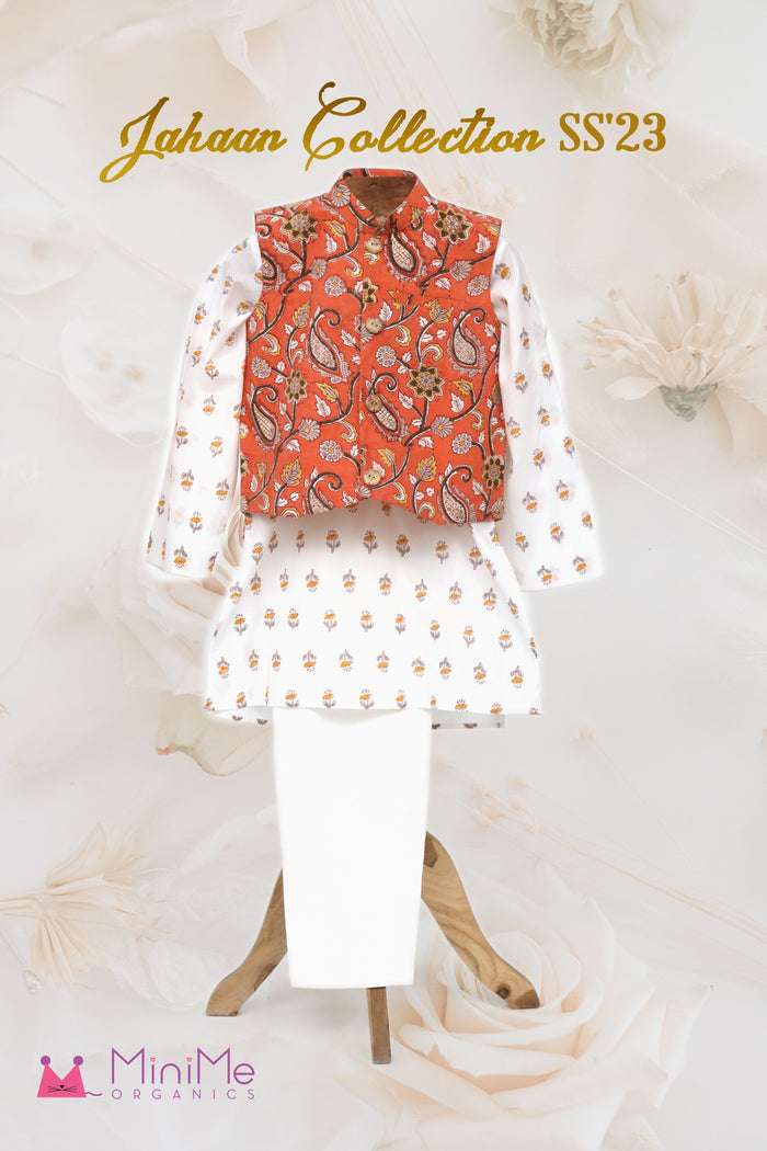 Block Print Cotton Kurta And Glaze Cotton Pyjama With Nehru Jacket