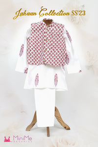 Block Print Cotton Kurta And Glaze Cotton Pyjama With Nehru Jacket