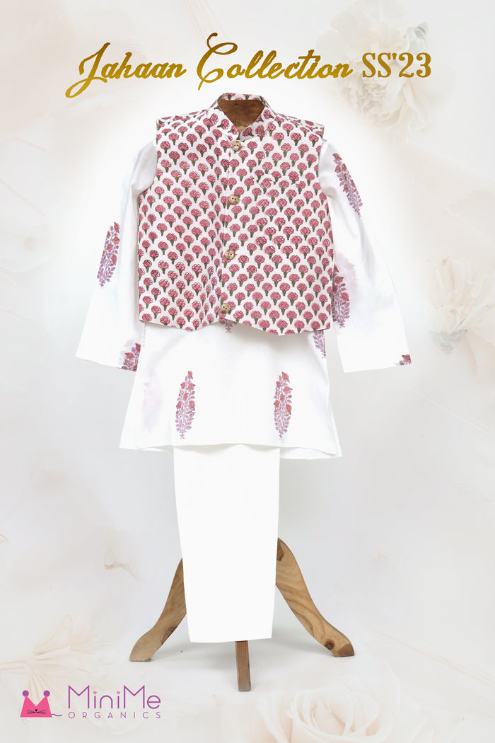 Block Print Cotton Kurta And Glaze Cotton Pyjama With Nehru Jacket