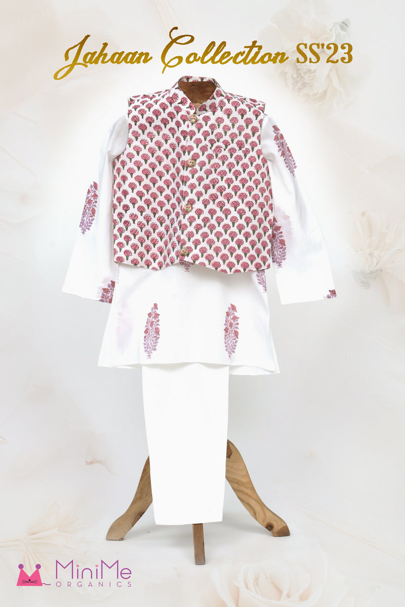 Block Print Cotton Kurta And Glaze Cotton Pyjama With Nehru Jacket