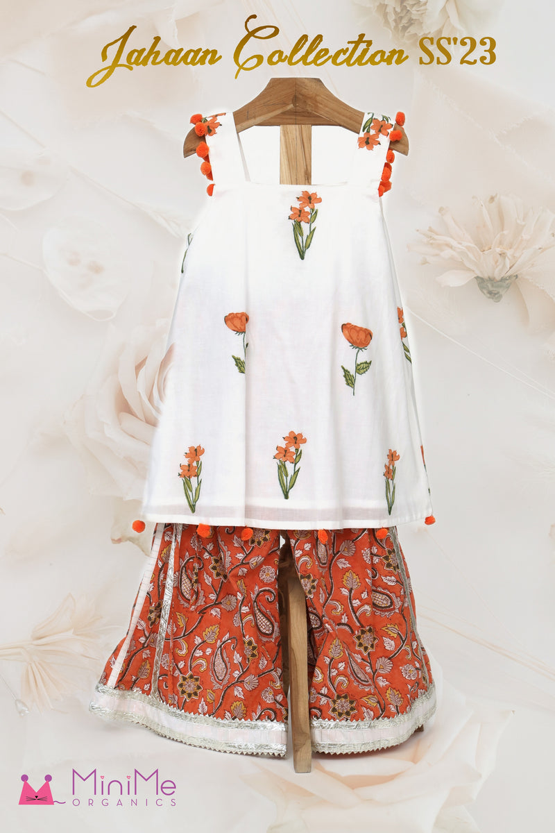 Block Printed Kurta And Sharara Set With Gota Details