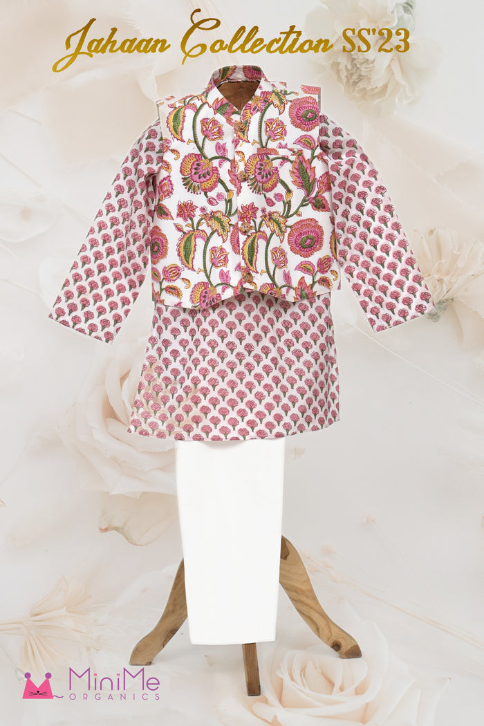 Block Print Cotton Kurta And Glaze Cotton Pyjama With Nehru Jacket