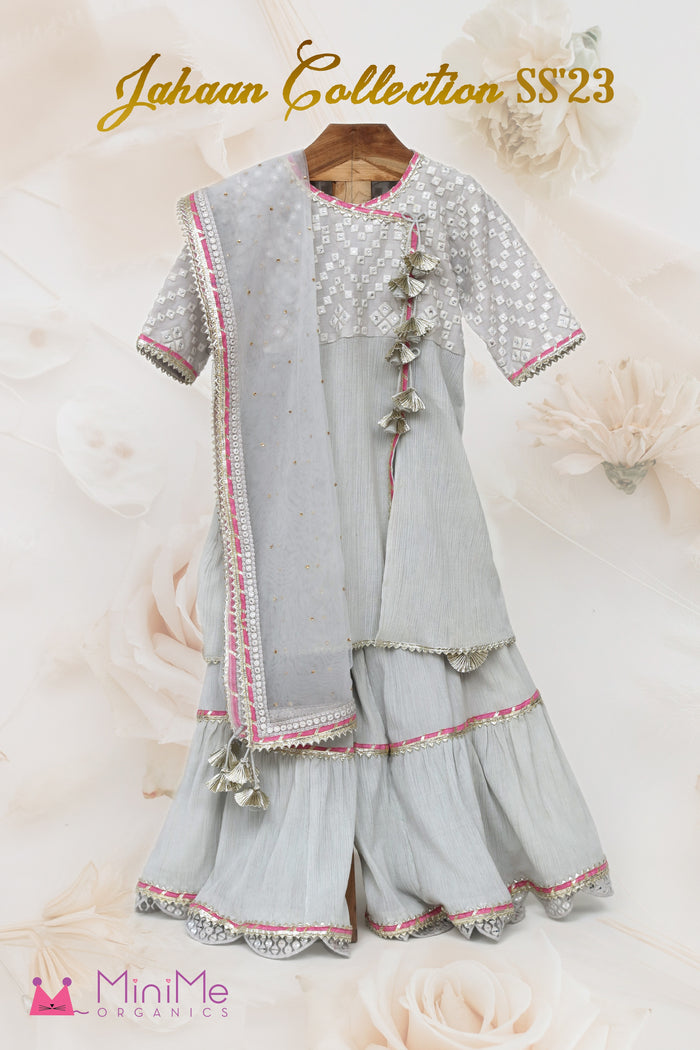Crushed Cotton Embroidered Kurta And Sharara With Net Dupatta