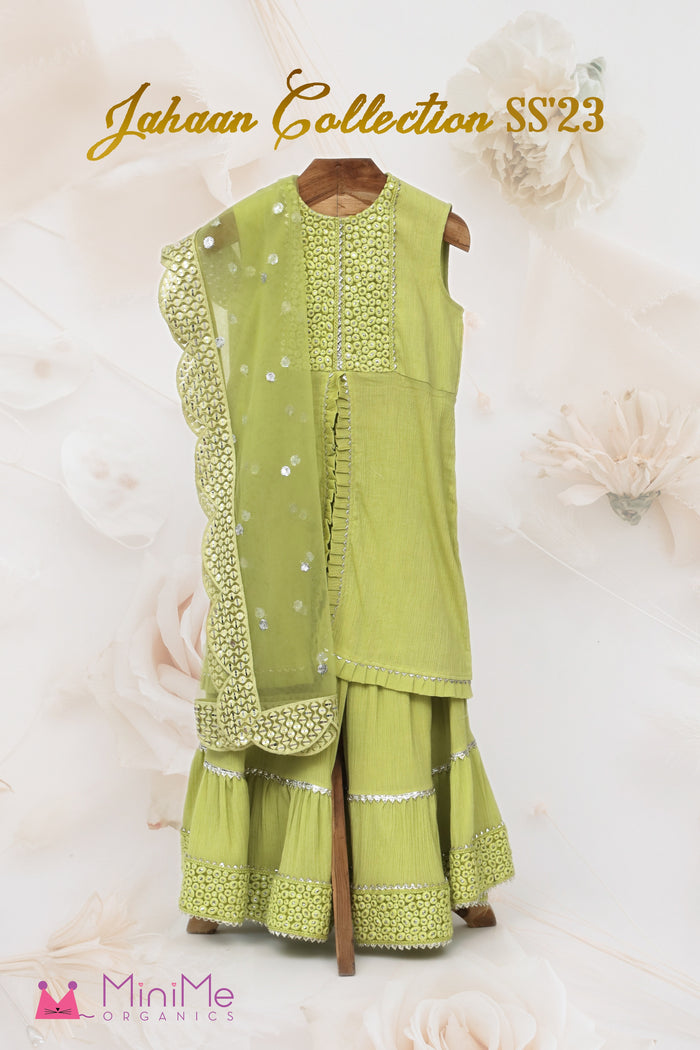 Crushed Cotton Embroidered Kurta And Sharara With Net Dupatta