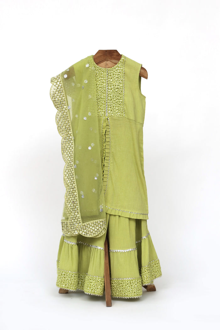 Crushed Cotton Embroidered Kurta And Sharara With Net Dupatta