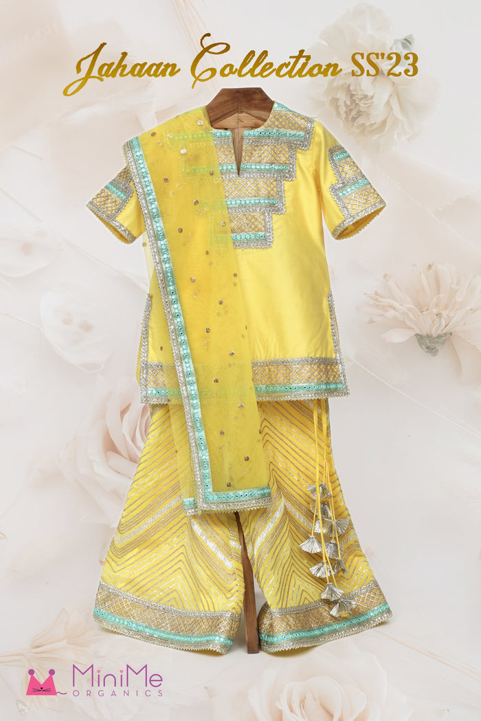 Chanderi Silk Kurti Chinon Sharara With Gota Detailing And Net Dupatta