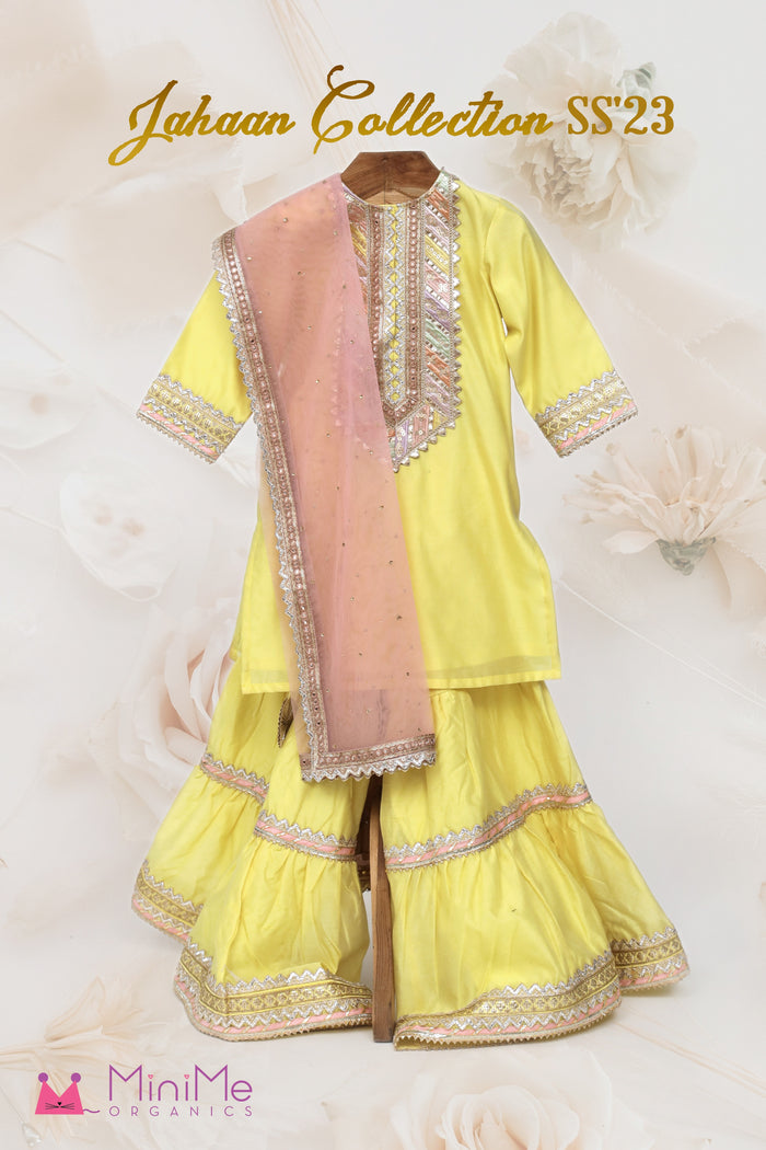 Chanderi Silk Kurti And Sharara With Gota Detailing And Net Dupatta