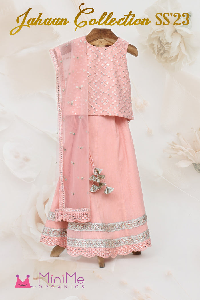 Crushed Cotton Embroidered Blouse And Lehenga With Net Dupatta