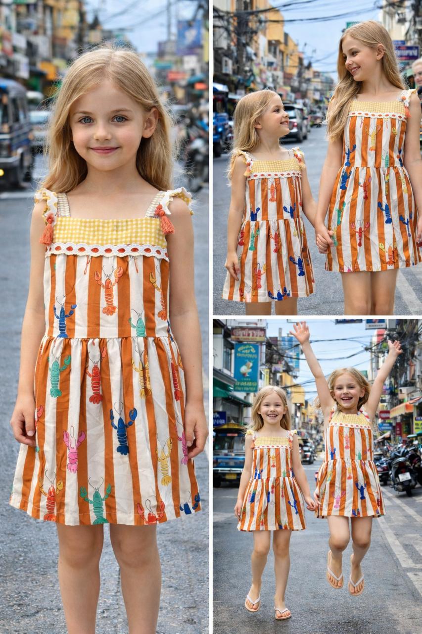 Lobster colourful print sleeveless dress. Detailed with lace trims on shoulder straps