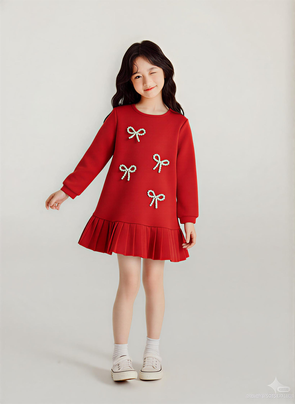 Mini Bows Pleated Dress