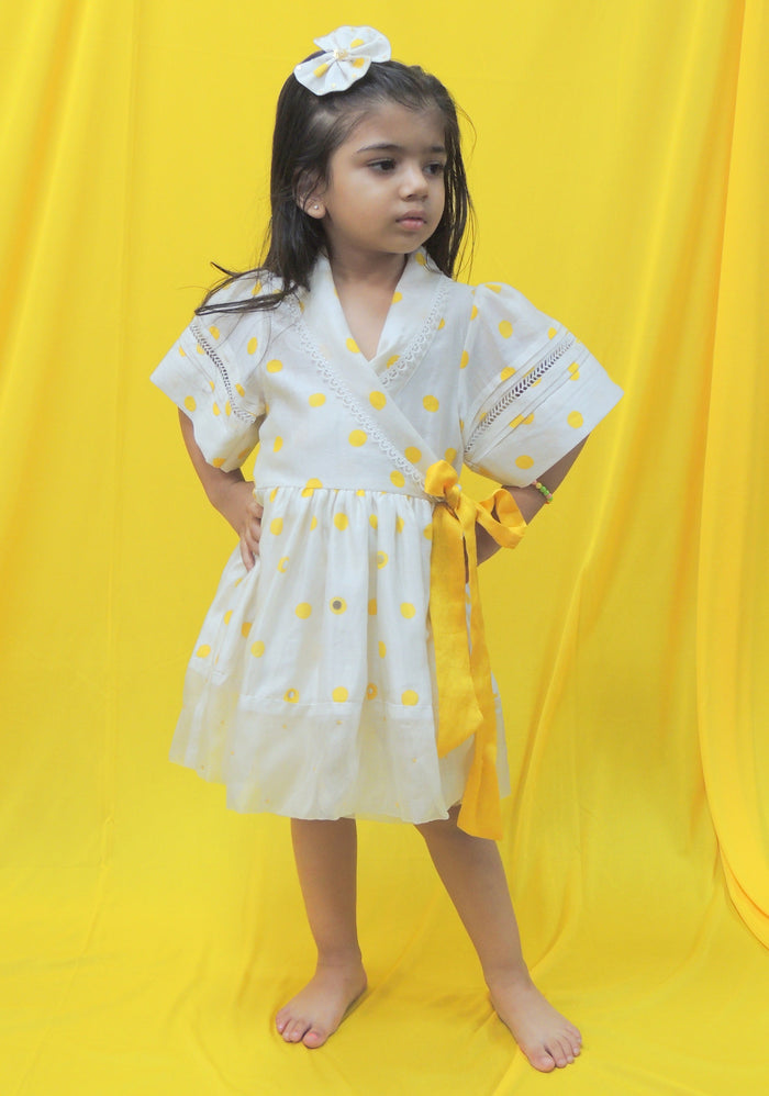 Offwhite And Yellow Polka Handblock Printed Dress