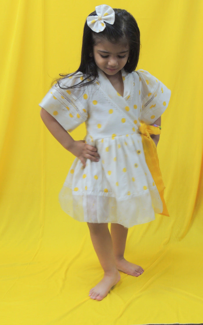 Offwhite And Yellow Polka Handblock Printed Dress