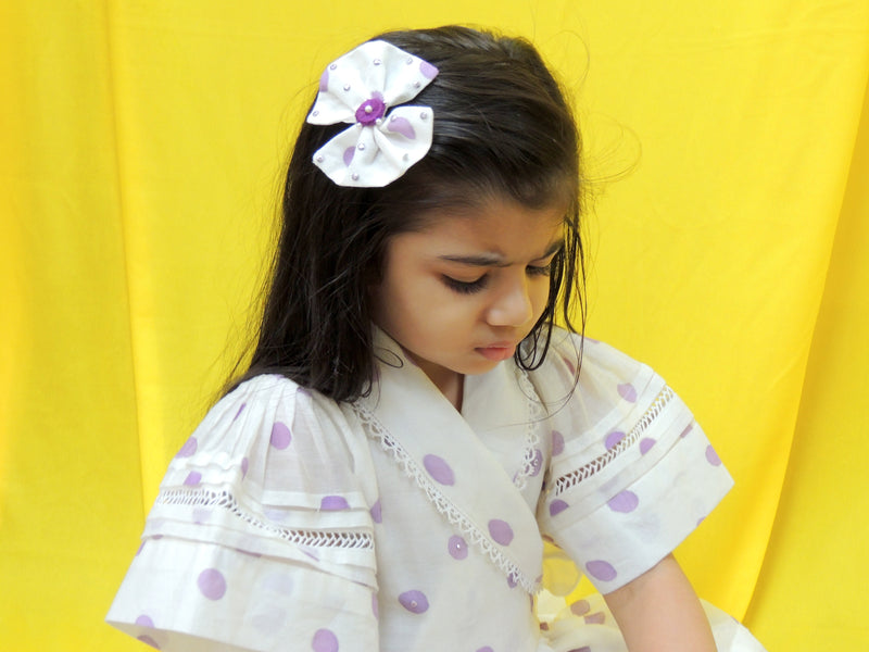 Offwhite And Purple Polka Handblock Printed Dress