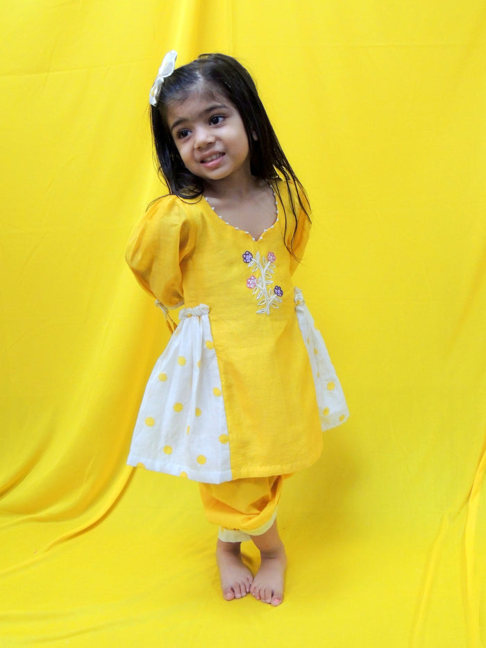 Offwhite And Yellow Polka Handblock Suit Printed Set