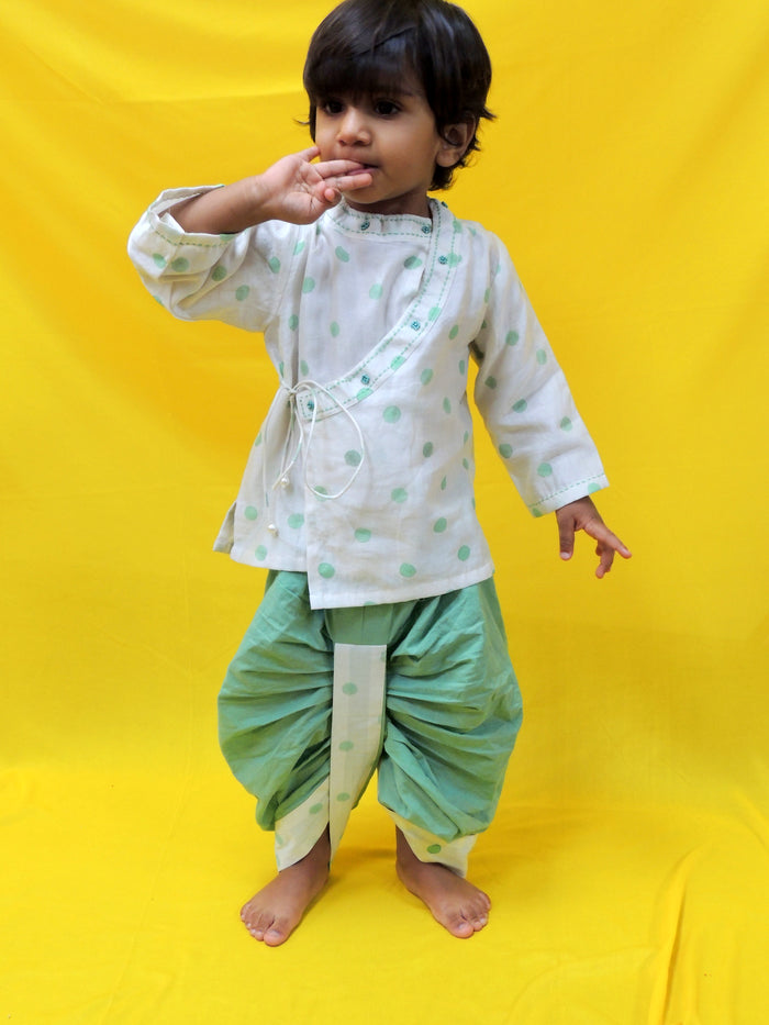 Offwhite And Green Angrakha Kurta With Dhoti Set