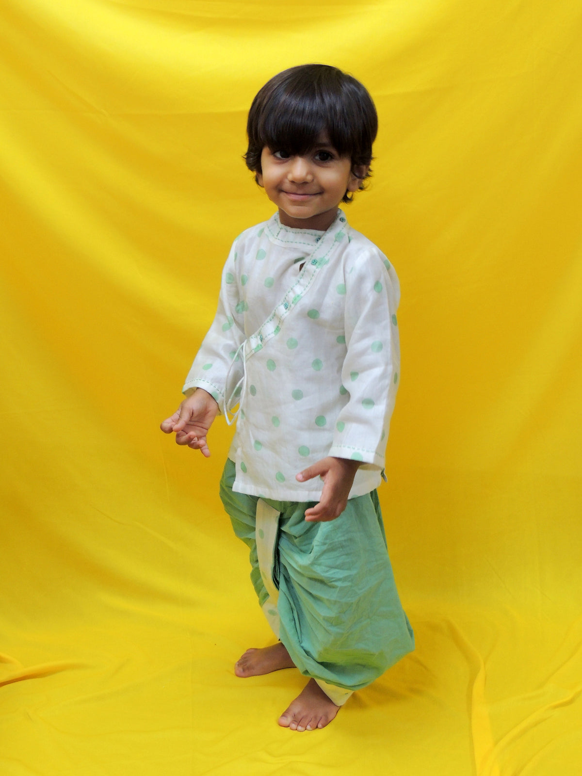 Offwhite And Green Angrakha Kurta With Dhoti Set