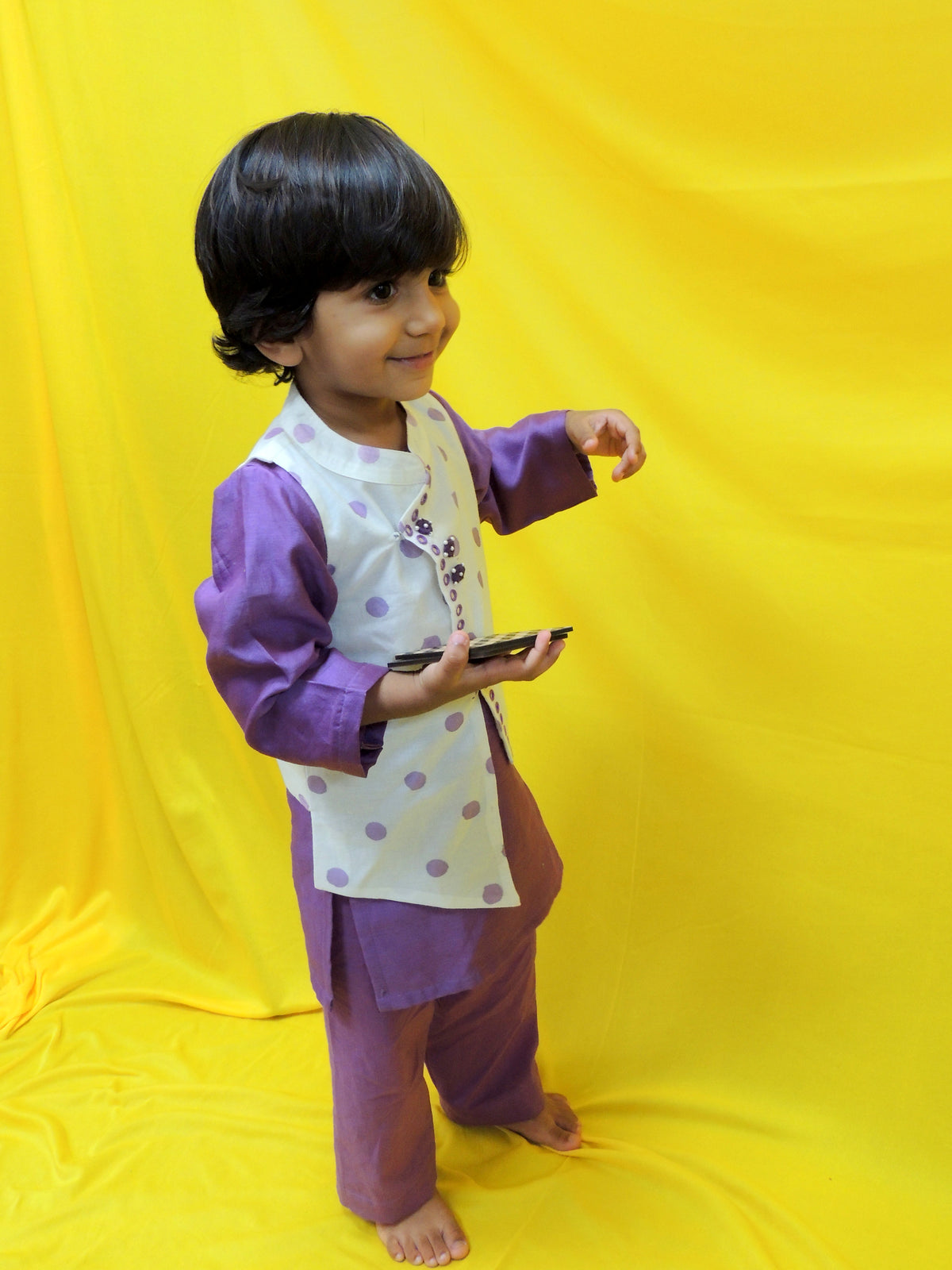 Offwhite And Purple Polka Dot Handblock Printed Jacket Kurta Set