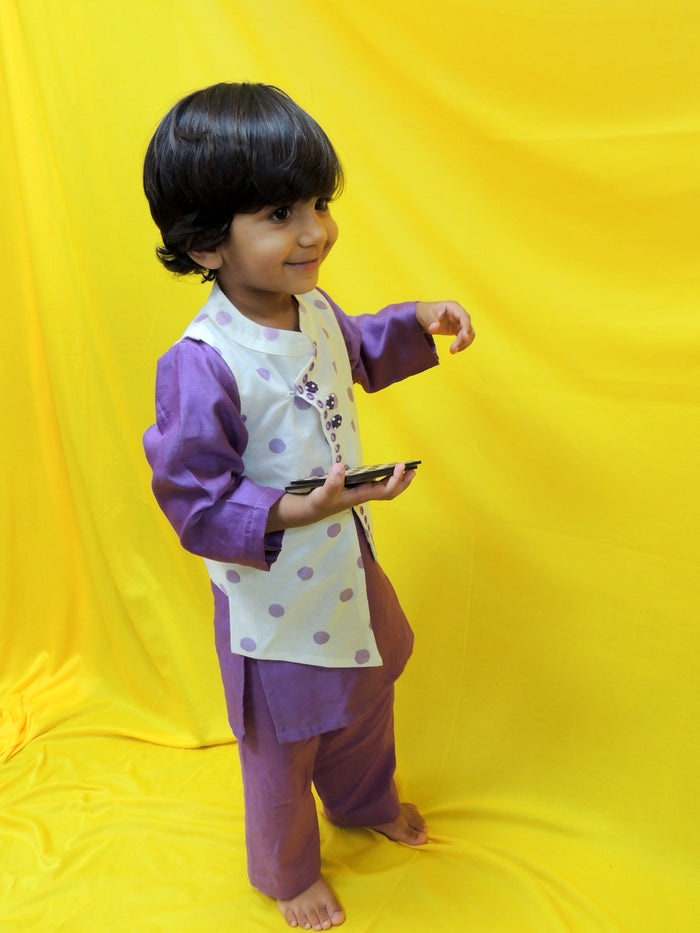 Offwhite And Purple Polka Dot Handblock Printed Jacket Kurta Set