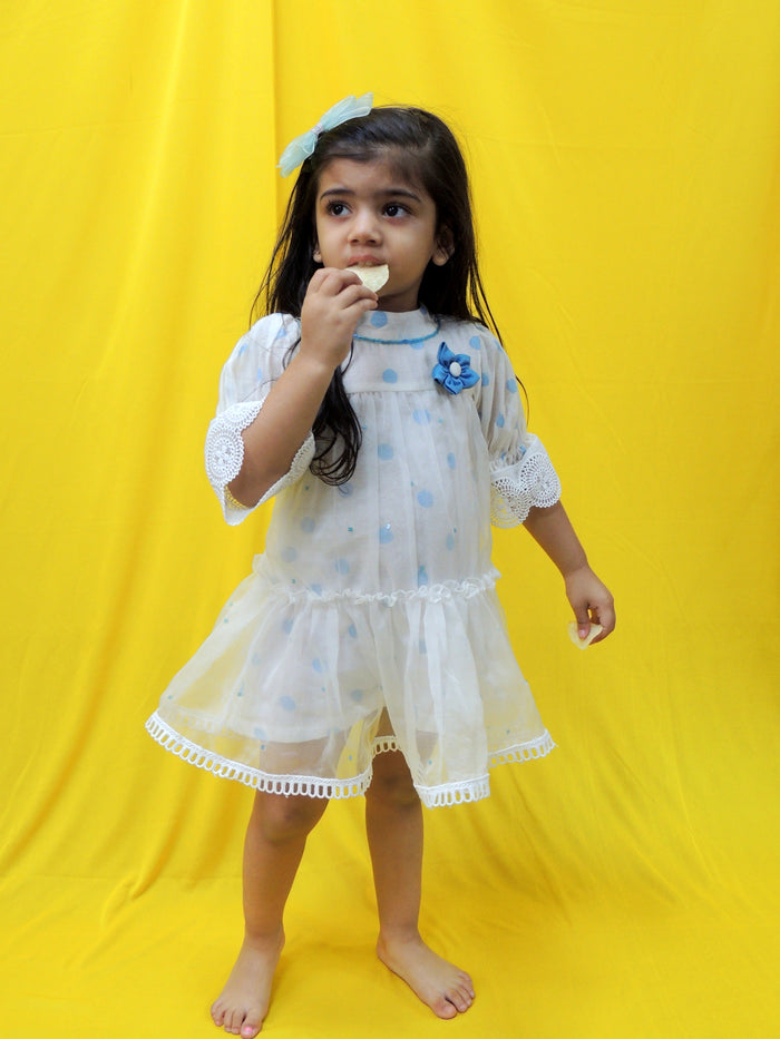 Organza And Off White Blue Handblock Printed Polka Dress
