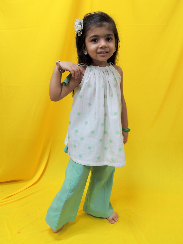 Offwhite And Green Polka Dot Handblock Printed Halter Top And Pant Set