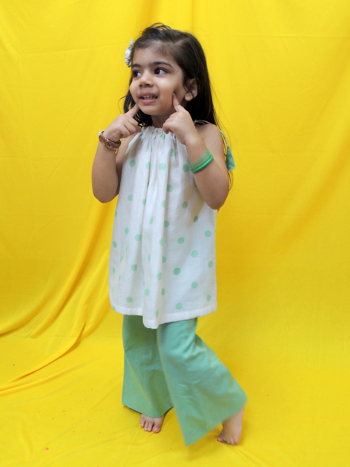 Offwhite And Green Polka Dot Handblock Printed Halter Top And Pant Set