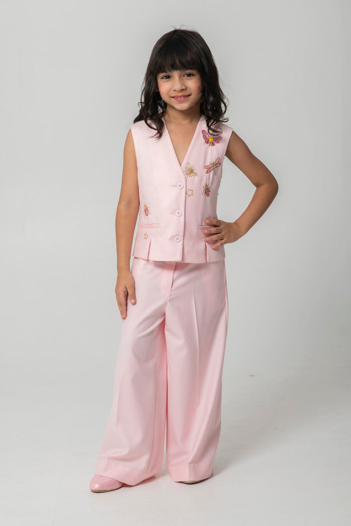 PEACH WAISTCOAT SET WITH MINI BEASTED EMBROIDERY ON FRONT
