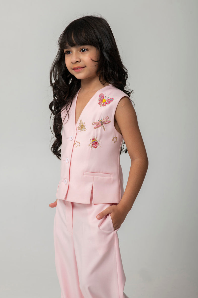 PEACH WAISTCOAT SET WITH MINI BEASTED EMBROIDERY ON FRONT