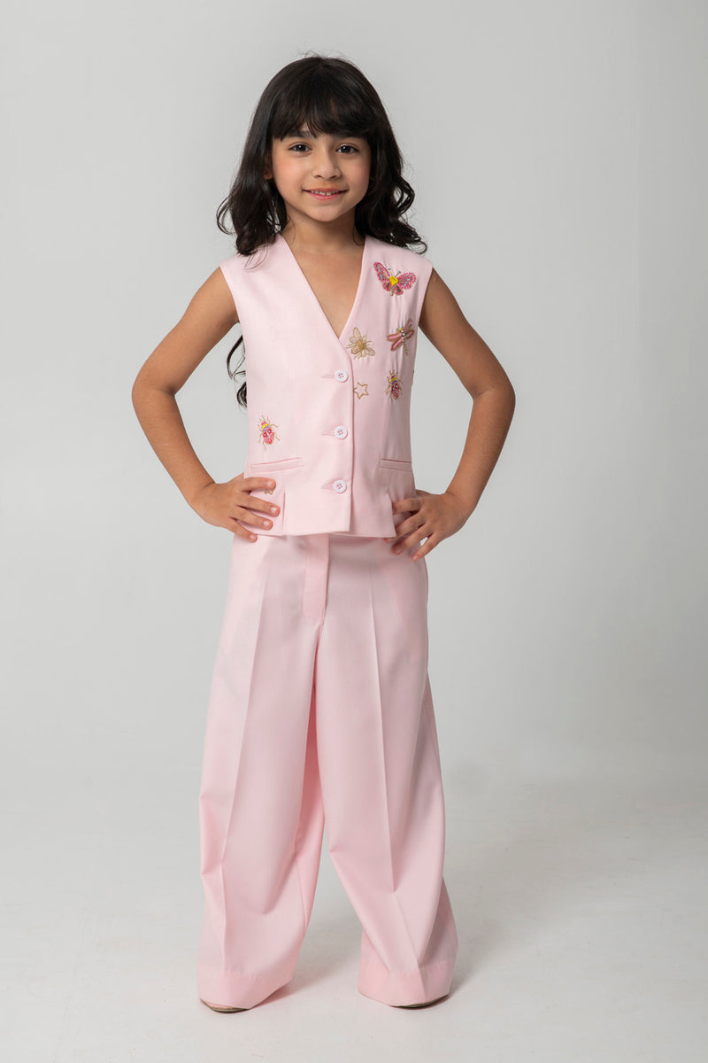 PEACH WAISTCOAT SET WITH MINI BEASTED EMBROIDERY ON FRONT