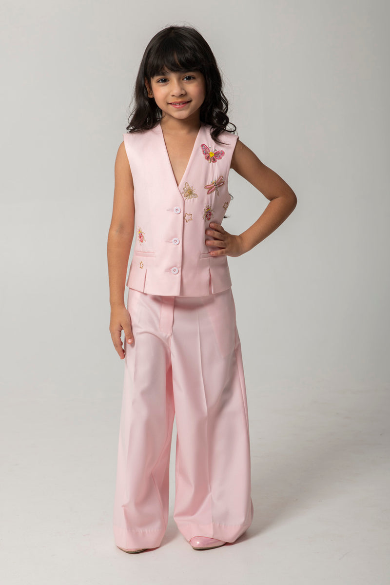PEACH WAISTCOAT SET WITH MINI BEASTED EMBROIDERY ON FRONT