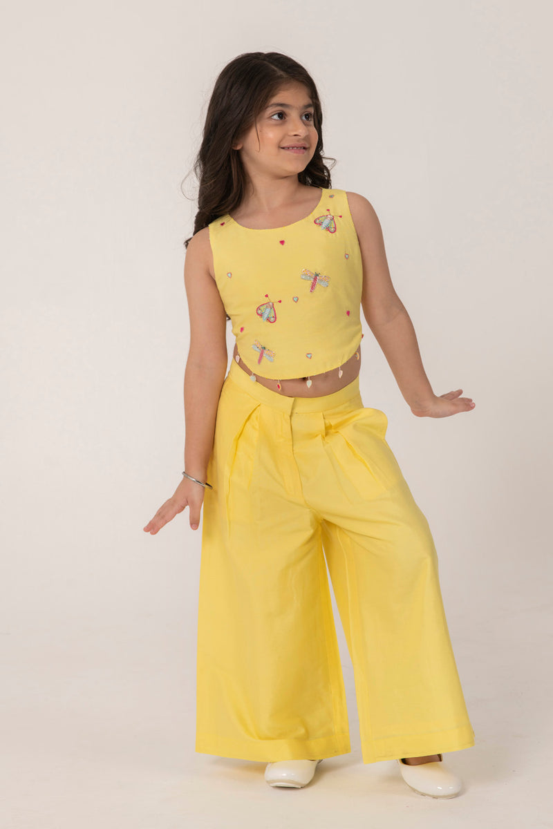 YELLOW  COORD SET WITH CUTE INSECT EMBROIDERY