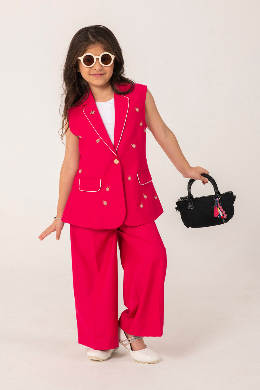 BRIGHT PINK BLAZER SET WITH LADYBUG EMBELLISHMENT AND TAILORED PANTS