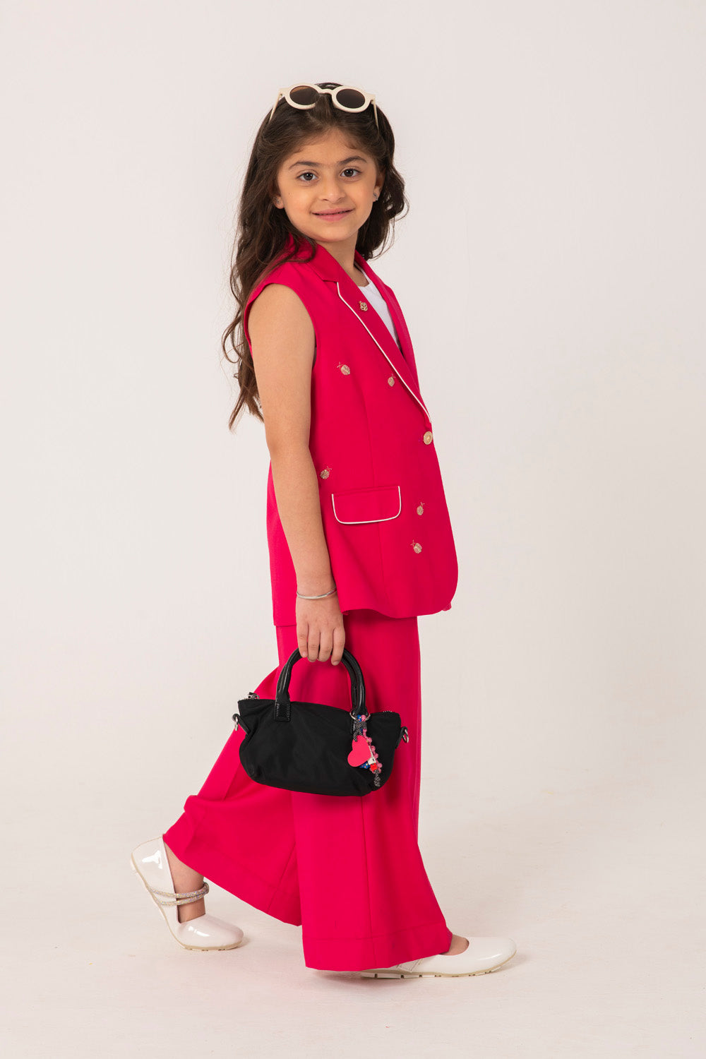 BRIGHT PINK BLAZER SET WITH LADYBUG EMBELLISHMENT AND TAILORED PANTS
