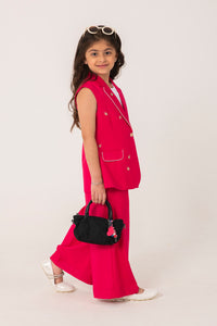 BRIGHT PINK BLAZER SET WITH LADYBUG EMBELLISHMENT AND TAILORED PANTS