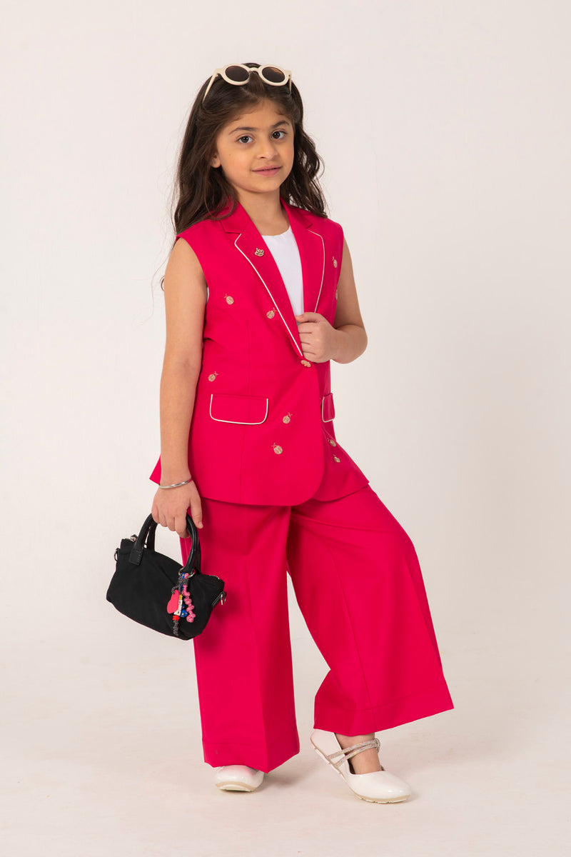 BRIGHT PINK BLAZER SET WITH LADYBUG EMBELLISHMENT AND TAILORED PANTS