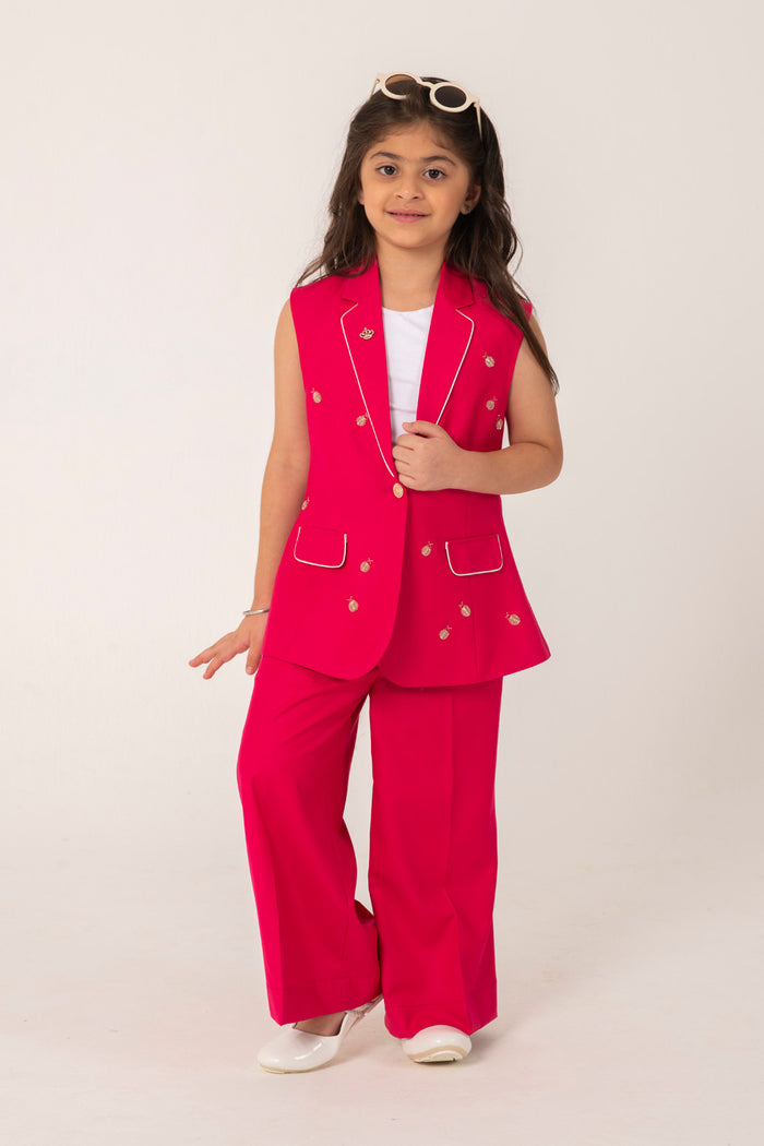 BRIGHT PINK BLAZER SET WITH LADYBUG EMBELLISHMENT AND TAILORED PANTS