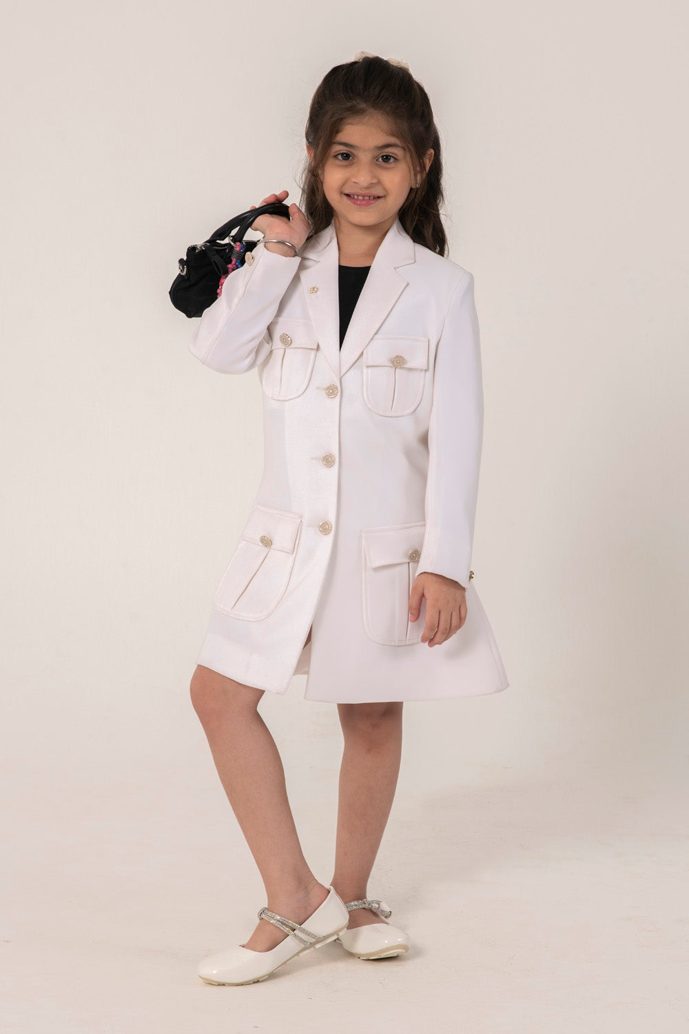 WHITE FORMAL BLAZER DRESS WITH EMBELLISHED BUTTONS