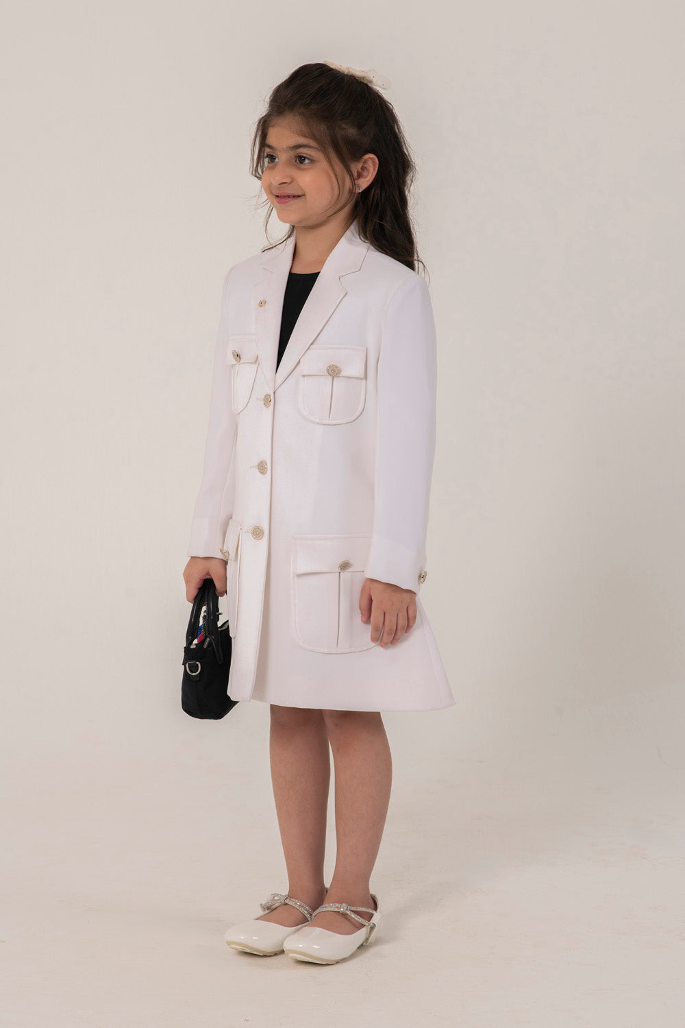 WHITE FORMAL BLAZER DRESS WITH EMBELLISHED BUTTONS