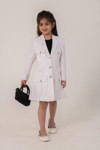 WHITE FORMAL BLAZER DRESS WITH EMBELLISHED BUTTONS