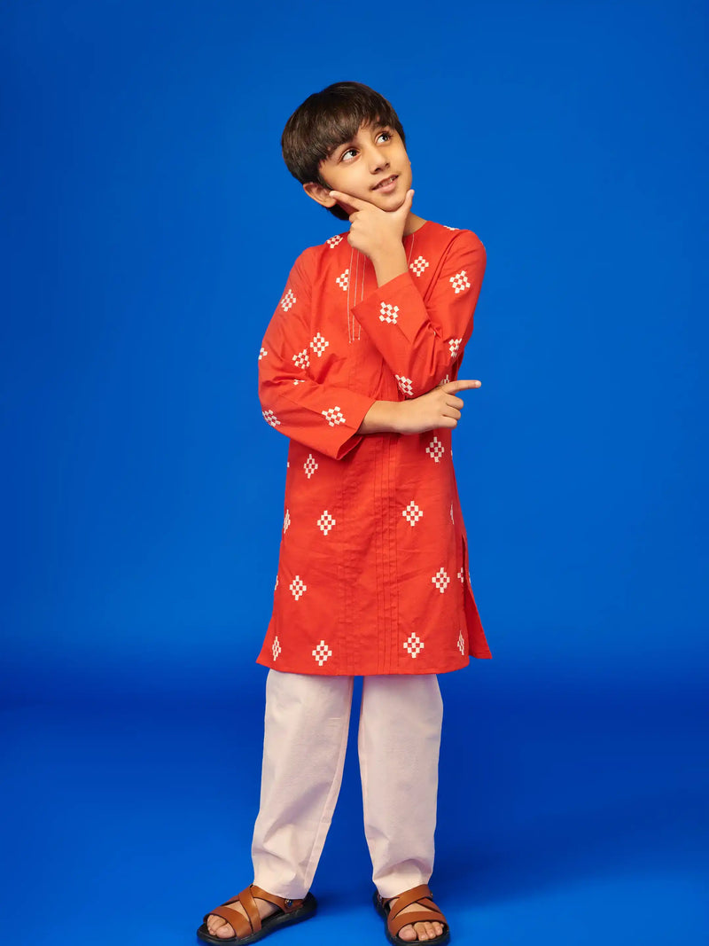 Red Katli Boys Kurta Set