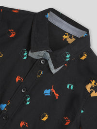 Black Printed Shirt & Shorts With Bow