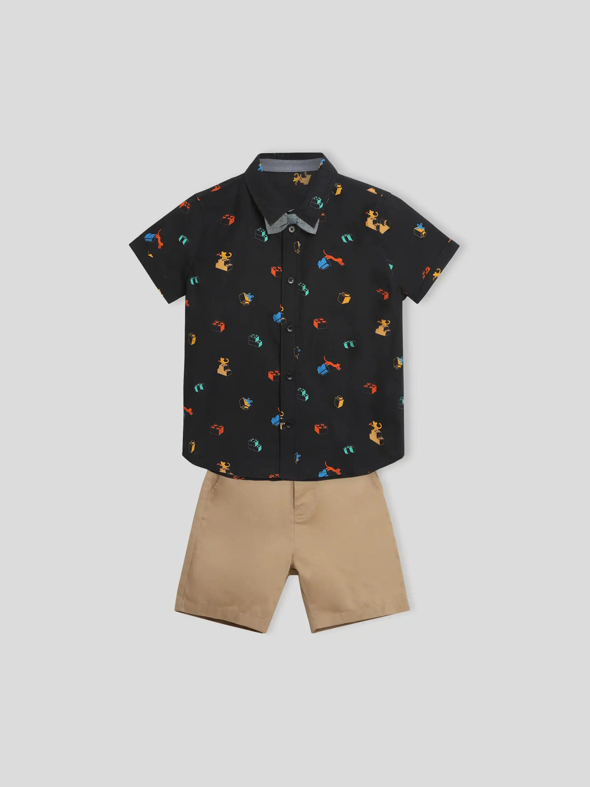 Black Printed Shirt & Shorts With Bow
