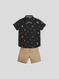Black Printed Shirt & Shorts With Bow