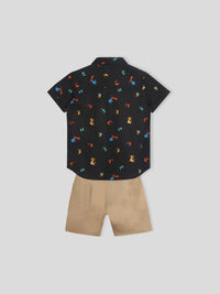 Black Printed Shirt & Shorts With Bow