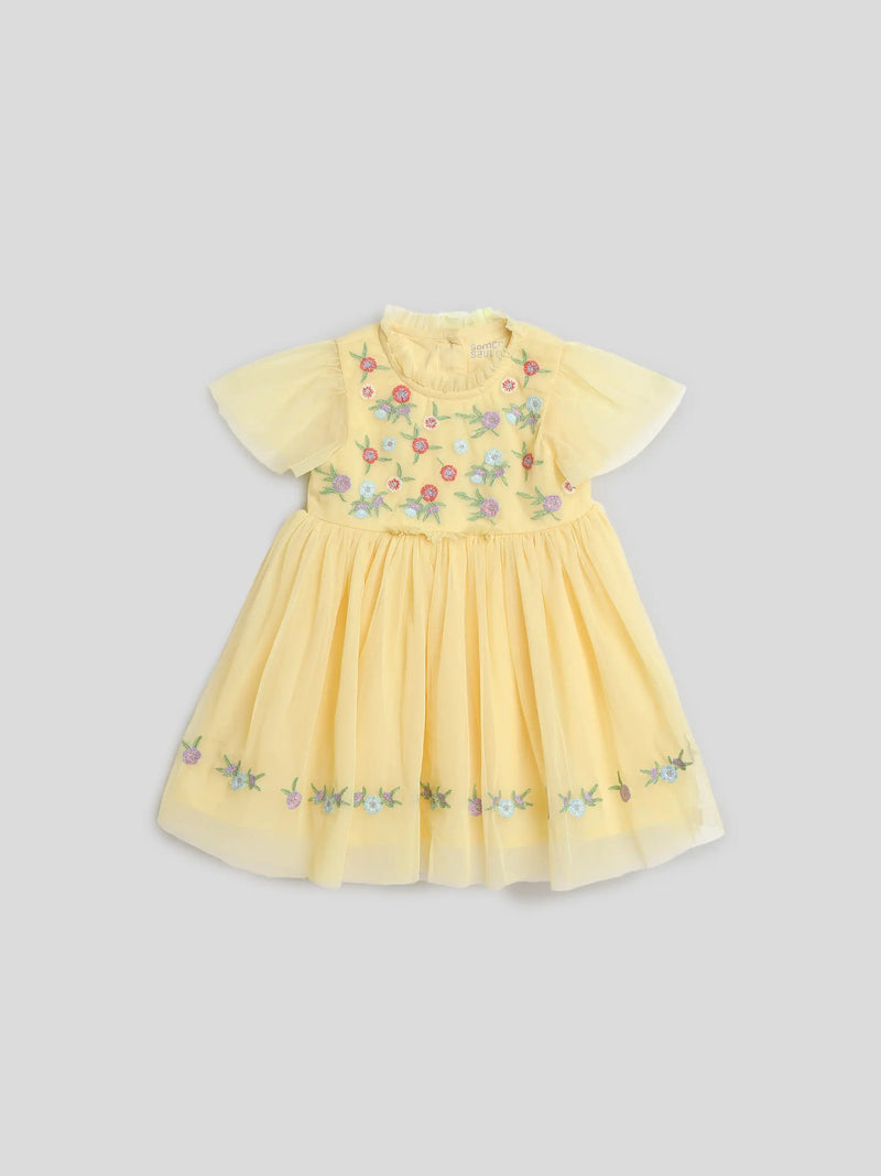 Yellow Embroidered Tulle Dress