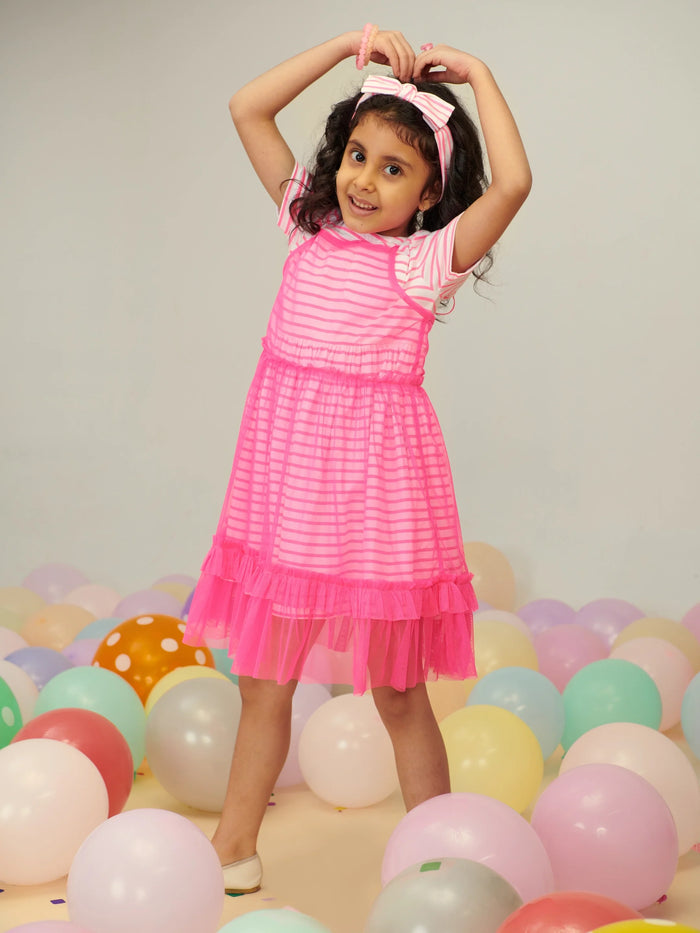 Pink Mesh Dress Set Of 3